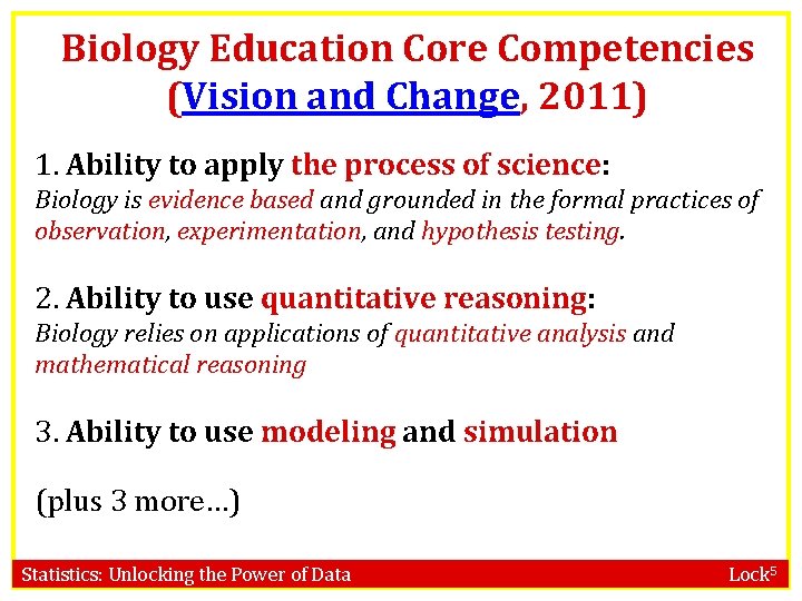 Biology Education Core Competencies (Vision and Change, 2011) 1. Ability to apply the process