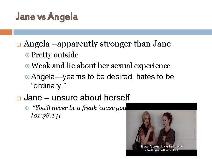 Jane vs Angela –apparently stronger than Jane. Pretty outside Weak and lie about her