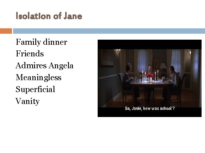 Isolation of Jane Family dinner Friends Admires Angela Meaningless Superficial Vanity 