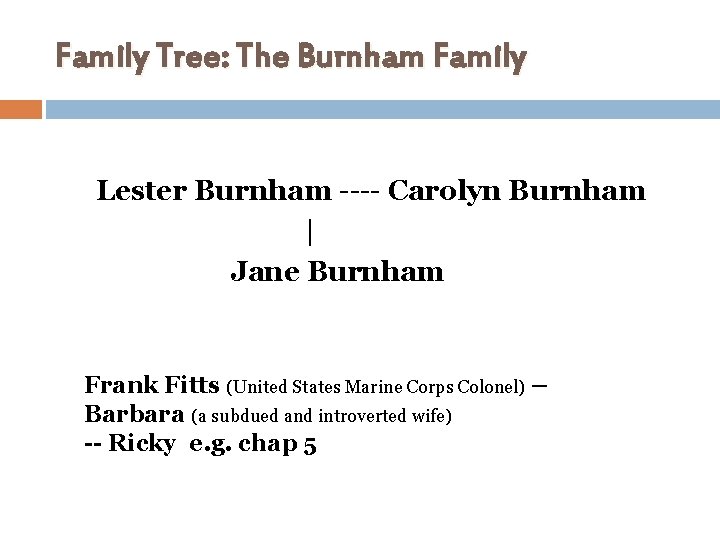 Family Tree: The Burnham Family Lester Burnham ---- Carolyn Burnham | Jane Burnham Frank