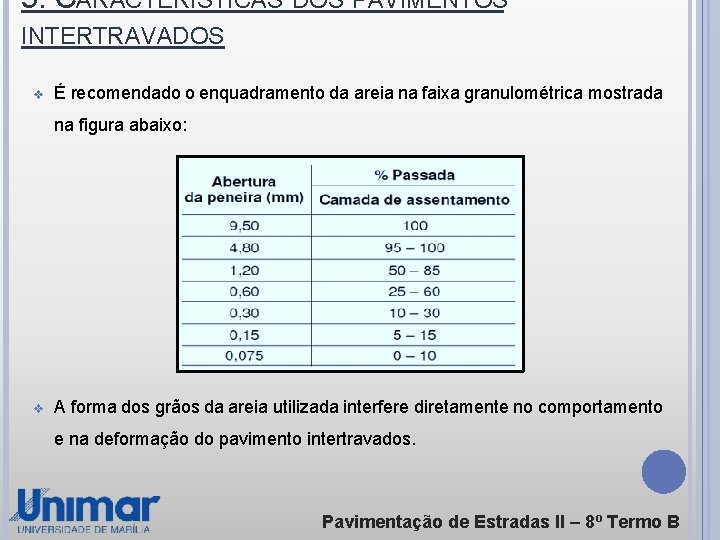 5. CARACTERÍSTICAS DOS PAVIMENTOS INTERTRAVADOS v É recomendado o enquadramento da areia na faixa