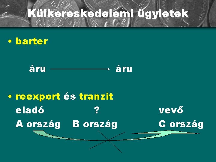 Külkereskedelemi ügyletek • barter áru • reexport és tranzit eladó ? A ország B