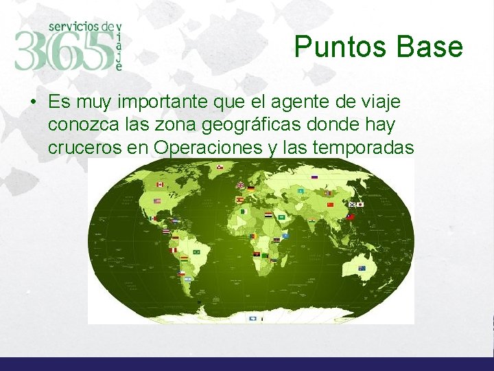 Puntos Base • Es muy importante que el agente de viaje conozca las zona