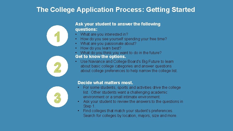 The College Application Process: Getting Started 1 Ask your student to answer the following