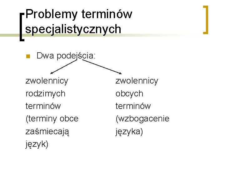 Problemy terminów specjalistycznych n Dwa podejścia: zwolennicy rodzimych terminów (terminy obce zaśmiecają język) zwolennicy