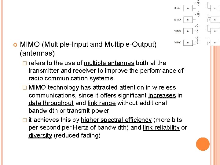  MIMO (Multiple-Input and Multiple-Output) (antennas) � refers to the use of multiple antennas