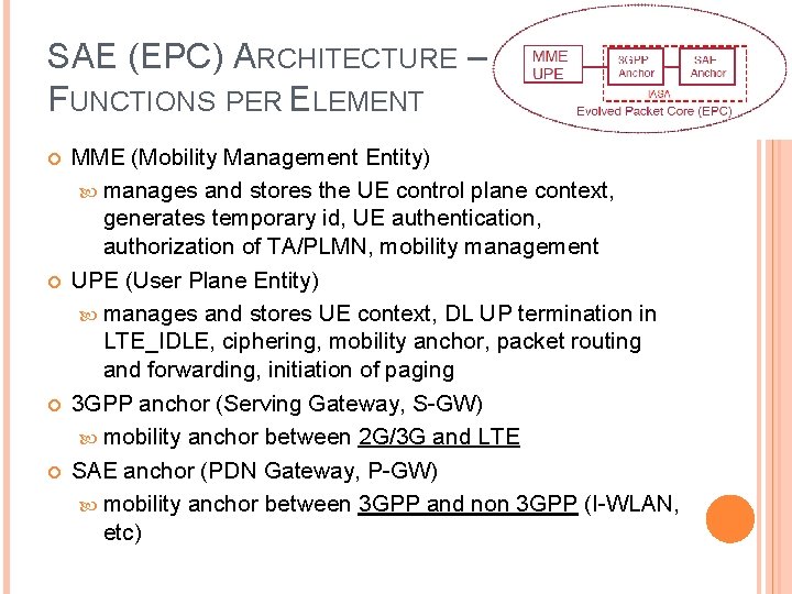 SAE (EPC) ARCHITECTURE – FUNCTIONS PER ELEMENT MME (Mobility Management Entity) manages and stores