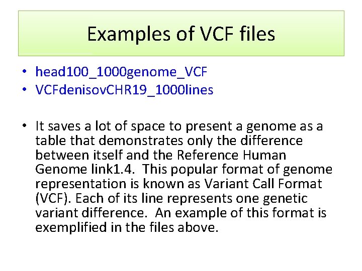 Examples of VCF files • head 100_1000 genome_VCF • VCFdenisov. CHR 19_1000 lines •