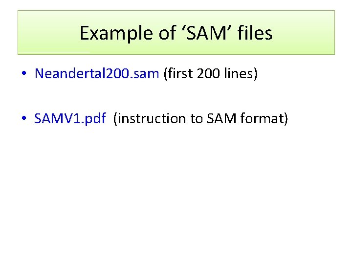 Example of ‘SAM’ files • Neandertal 200. sam (first 200 lines) • SAMV 1.