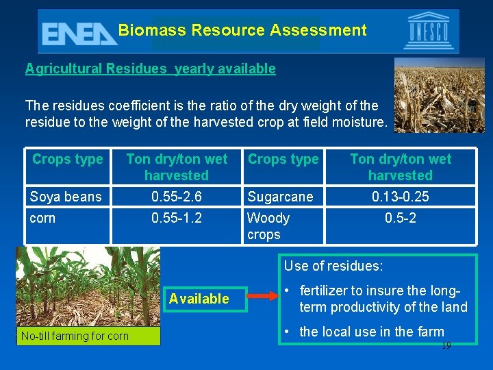 Biomass Resource Assessment Agricultural Residues yearly available The residues coefficient is the ratio of