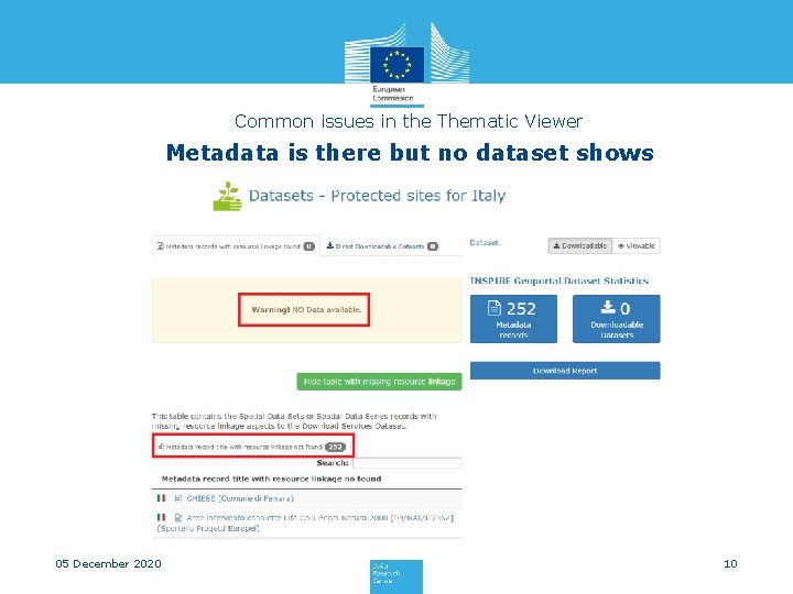Common issues in the Thematic Viewer Metadata is there but no dataset shows 05