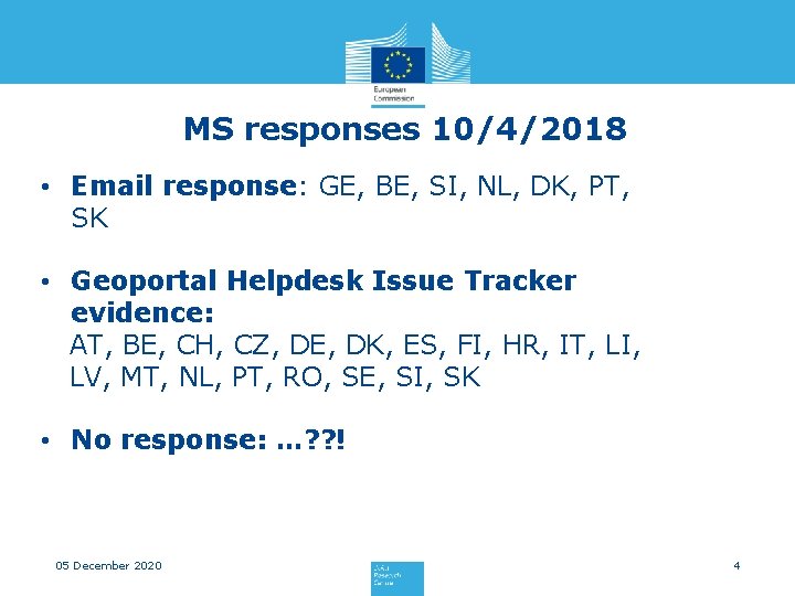 MS responses 10/4/2018 • Email response: GE, BE, SI, NL, DK, PT, SK •