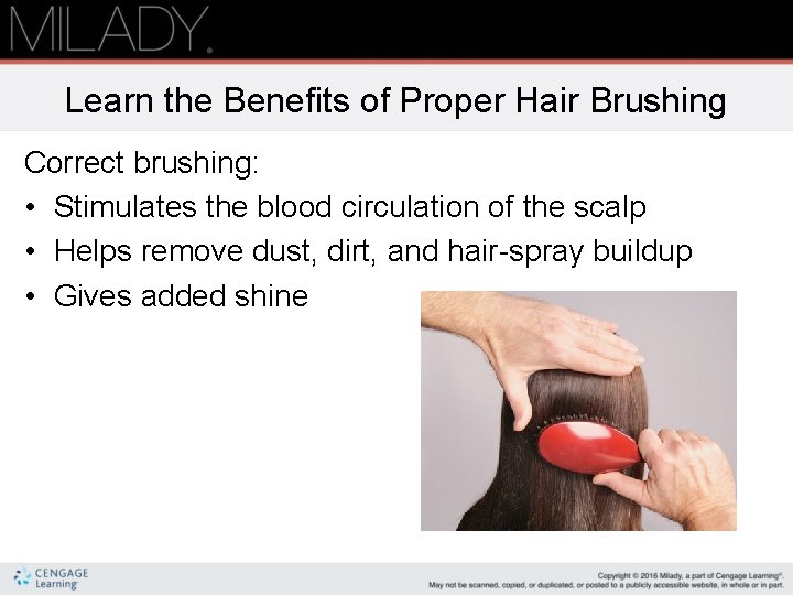 Learn the Benefits of Proper Hair Brushing Correct brushing: • Stimulates the blood circulation