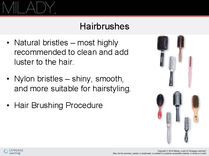 Hairbrushes • Natural bristles – most highly recommended to clean and add luster to