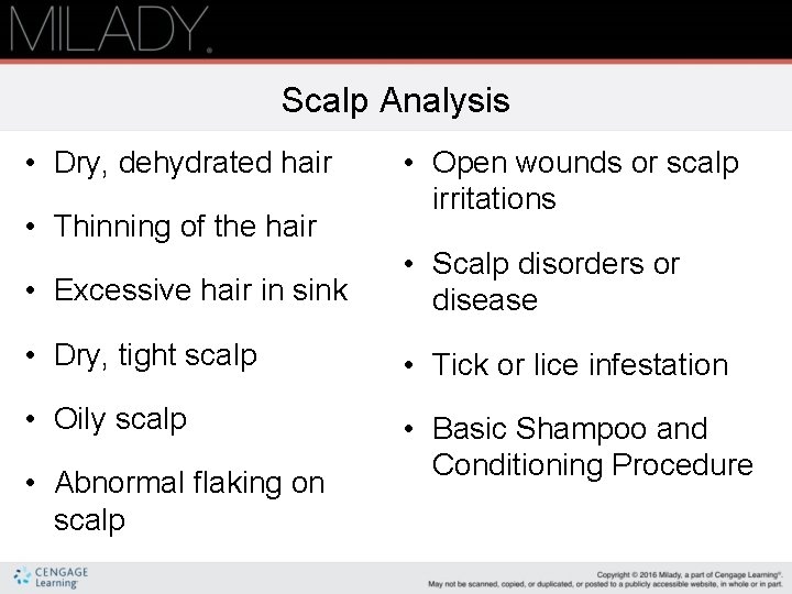 Scalp Analysis • Dry, dehydrated hair • Thinning of the hair • Open wounds
