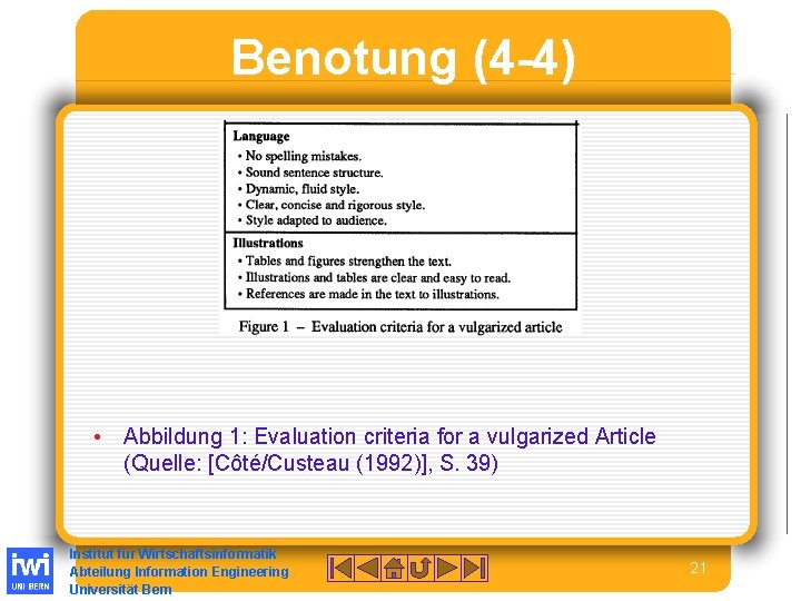 Benotung (4 -4) • Abbildung 1: Evaluation criteria for a vulgarized Article (Quelle: [Côté/Custeau