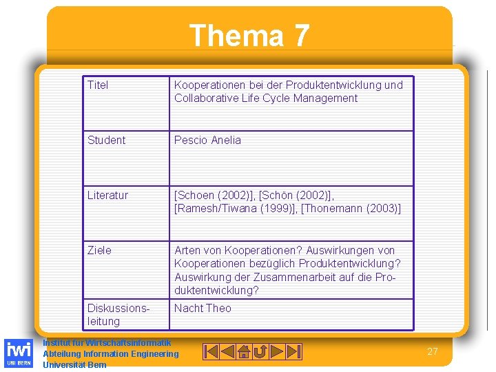 Thema 7 Titel Kooperationen bei der Produktentwicklung und Collaborative Life Cycle Management Student Pescio