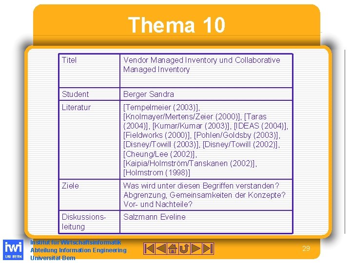 Thema 10 Titel Vendor Managed Inventory und Collaborative Managed Inventory Student Berger Sandra Literatur