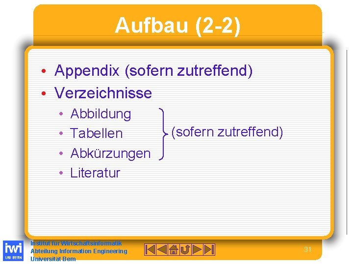 Aufbau (2 -2) • Appendix (sofern zutreffend) • Verzeichnisse • • Abbildung Tabellen Abkürzungen