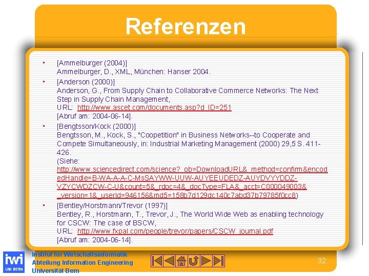 Referenzen • • [Ammelburger (2004)] Ammelburger, D. , XML, München: Hanser 2004. [Anderson (2000)]