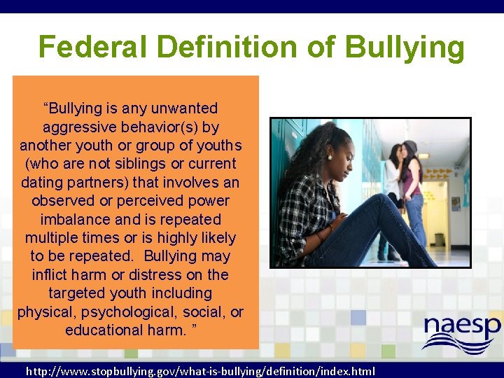 Federal Definition of Bullying “Bullying is any unwanted aggressive behavior(s) by another youth or