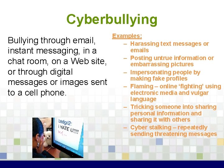 Cyberbullying Bullying through email, instant messaging, in a chat room, on a Web site,
