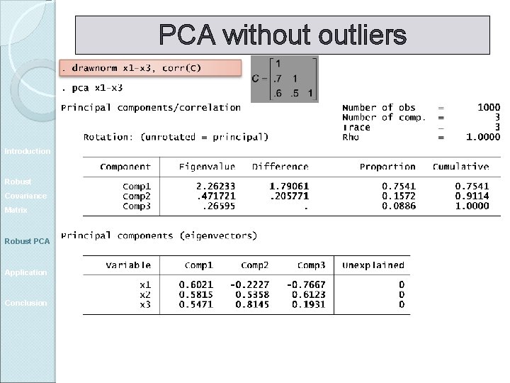 PCA without outliers Introduction Robust Covariance Matrix Robust PCA Application Conclusion 