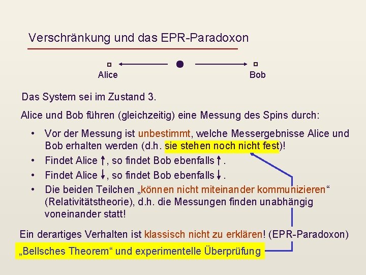 Verschränkung und das EPR-Paradoxon Alice Bob Das System sei im Zustand 3. Alice und