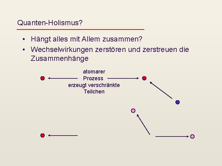 Quanten-Holismus? • Hängt alles mit Allem zusammen? • Wechselwirkungen zerstören und zerstreuen die Zusammenhänge