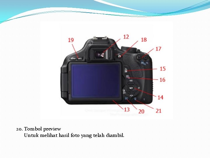 20. Tombol preview Untuk melihat hasil foto yang telah diambil. 