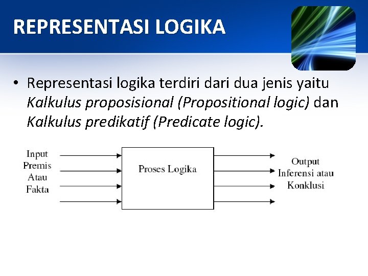 REPRESENTASI LOGIKA • Representasi logika terdiri dari dua jenis yaitu Kalkulus proposisional (Propositional logic)