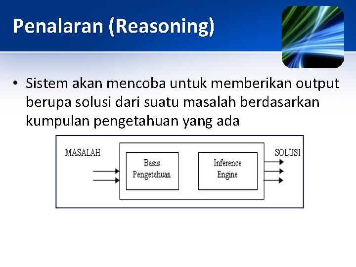 Penalaran (Reasoning) • Sistem akan mencoba untuk memberikan output berupa solusi dari suatu masalah