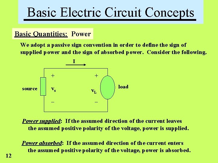 Basic Electric Circuit Concepts Basic Quantities: Power We adopt a passive sign convention in