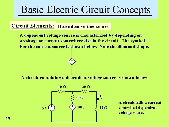 Basic Electric Circuit Concepts Circuit Elements: Dependent voltage source A dependent voltage source is