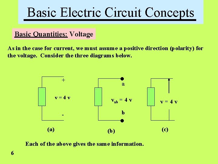 Basic Electric Circuit Concepts Basic Quantities: Voltage As in the case for current, we