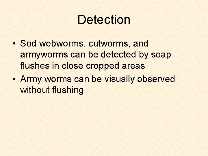 Detection • Sod webworms, cutworms, and armyworms can be detected by soap flushes in