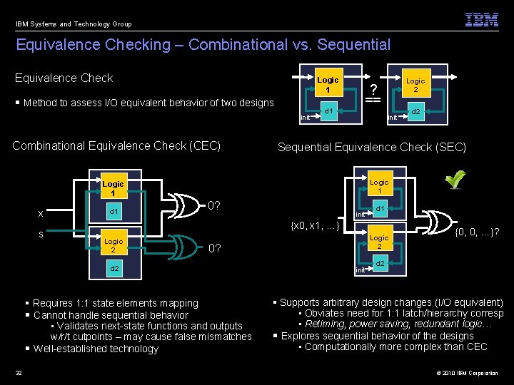 IBM Systems and Technology Group Equivalence Checking – Combinational vs. Sequential Equivalence Check Logic
