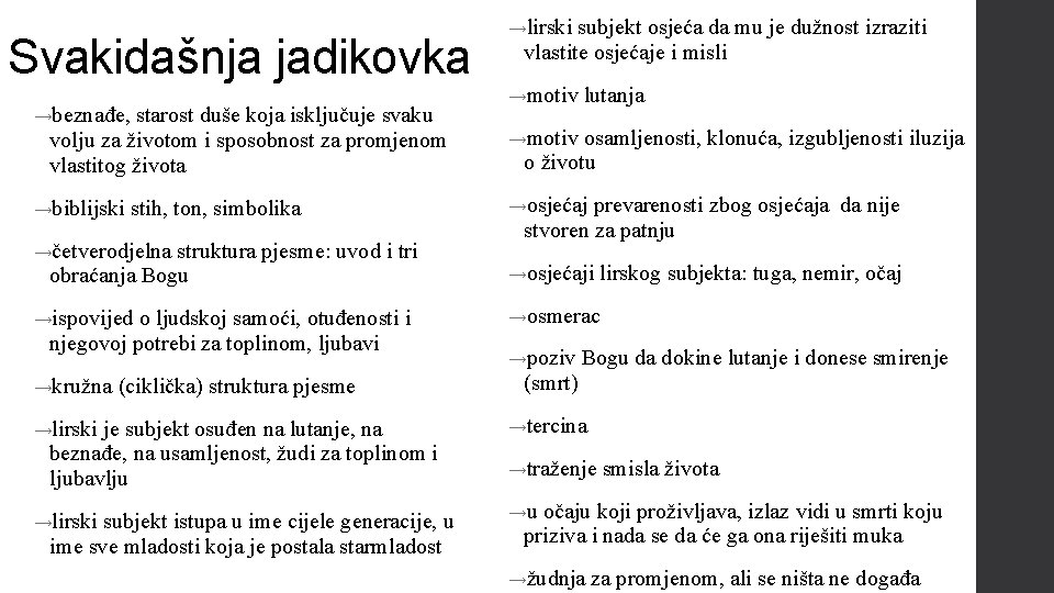 Svakidašnja jadikovka →beznađe, starost duše koja isključuje svaku volju za životom i sposobnost za