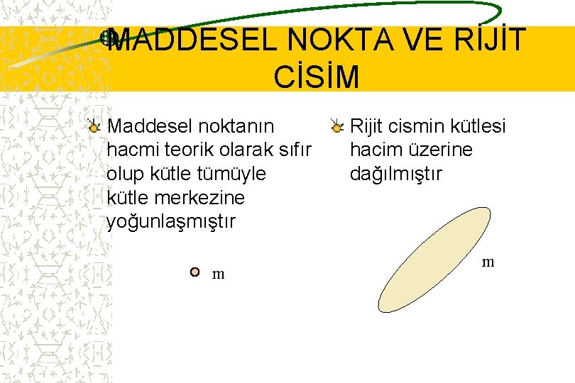 MADDESEL NOKTA VE RİJİT CİSİM Maddesel noktanın hacmi teorik olarak sıfır olup kütle tümüyle