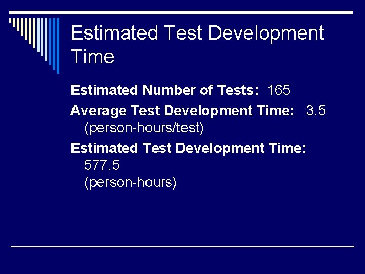 Estimated Test Development Time Estimated Number of Tests: 165 Average Test Development Time: 3.