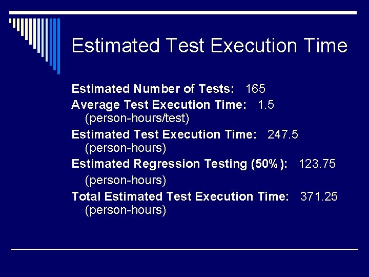 Estimated Test Execution Time Estimated Number of Tests: 165 Average Test Execution Time: 1.