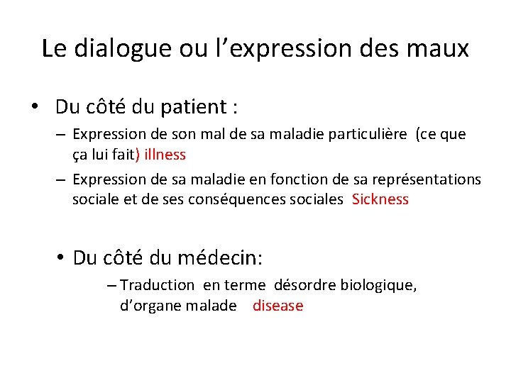 Le dialogue ou l’expression des maux • Du côté du patient : – Expression