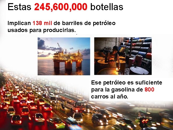 Estas 245, 600, 000 botellas Implican 138 mil de barriles de petróleo usados para