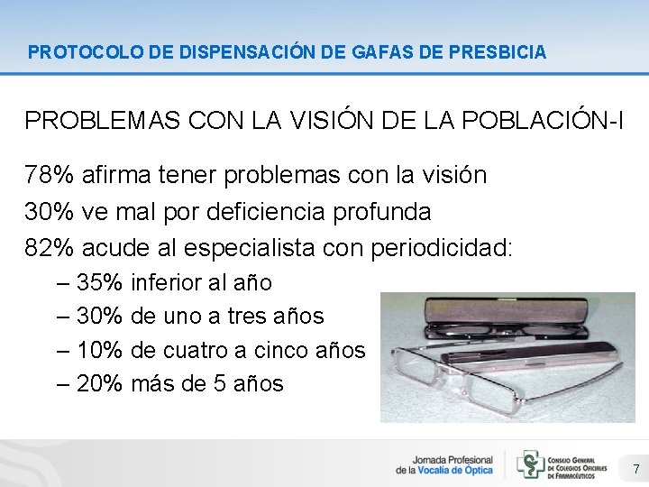 PROTOCOLO DE DISPENSACIÓN DE GAFAS DE PRESBICIA PROBLEMAS CON LA VISIÓN DE LA POBLACIÓN-I