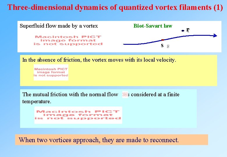 Three-dimensional dynamics of quantized vortex filaments (1) Superfluid flow made by a vortex Biot-Savart Three-dimensional dynamics of quantized vortex filaments (1) Superfluid flow made by a vortex Biot-Savart