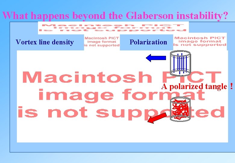 What happens beyond the Glaberson instability? Vortex line density Polarization A polarized tangle! What happens beyond the Glaberson instability? Vortex line density Polarization A polarized tangle!