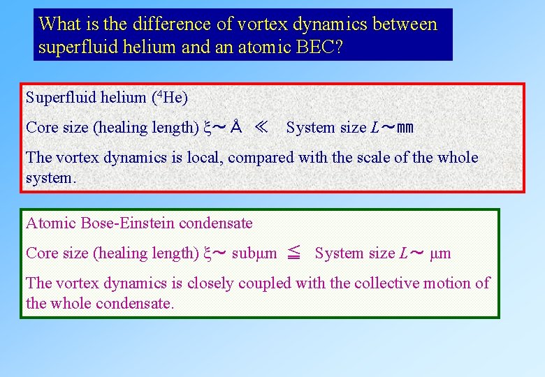 What is the difference of vortex dynamics between superfluid helium and an atomic BEC? What is the difference of vortex dynamics between superfluid helium and an atomic BEC?
