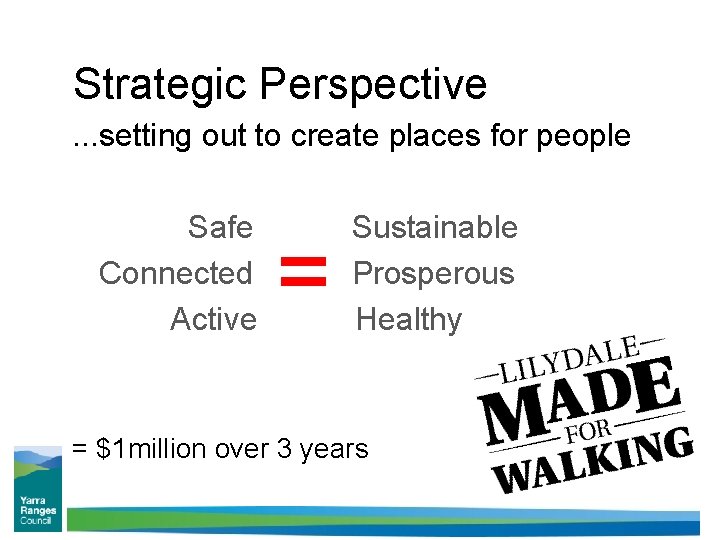 Strategic Perspective. . . setting out to create places for people Safe Connected Active