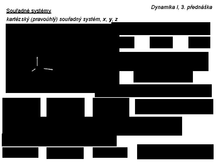 Souřadné systémy kartézský (pravoúhlý) souřadný systém, x, y, z Dynamika I, 3. přednáška 