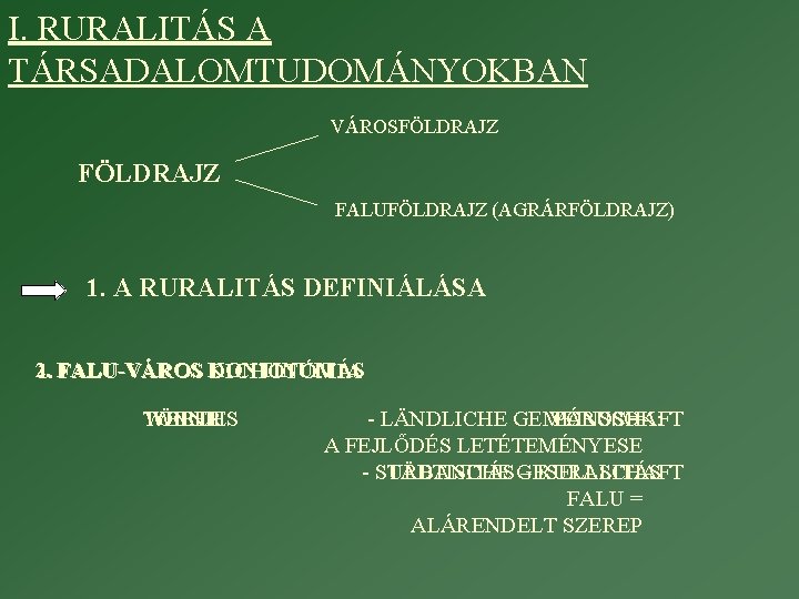 I. RURALITÁS A TÁRSADALOMTUDOMÁNYOKBAN VÁROSFÖLDRAJZ FALUFÖLDRAJZ (AGRÁRFÖLDRAJZ) 1. A RURALITÁS DEFINIÁLÁSA 2. 1. FALU-VÁROS